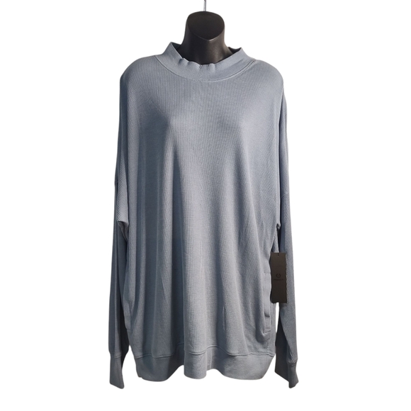 Mono b Blouse Women's Gray Waffle Pullover Stretch Comfy Crewneck Top Sz L NWT - Picture 1 of 9